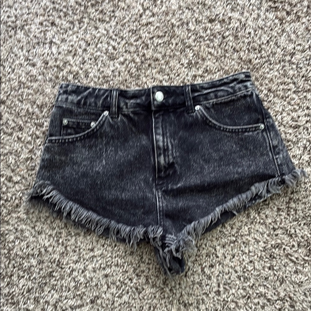 Top Shop Jean Shorts Moto Kiri Frayed Black Jean Denim High Waist SZ 6